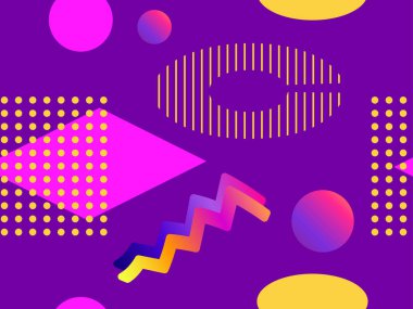 Memphis kusursuz desen. Geometrik elementler 80 'li yılların tarzında eğimli şekillerde memphis yaparlar. Broşürler, promosyon malzemeleri ve duvar kağıtları için arka plan. Vektör illüstrasyonu