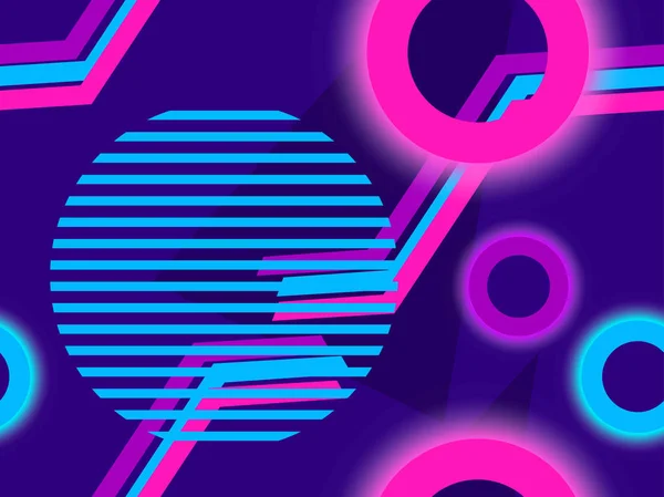 Geometrisches nahtloses Muster mit Memphis-Elementen und Neon-Glut-80er-Jahre-Stil. Hintergrund des Cyberpunk-Futurismus. Vektorillustration — Stockvektor