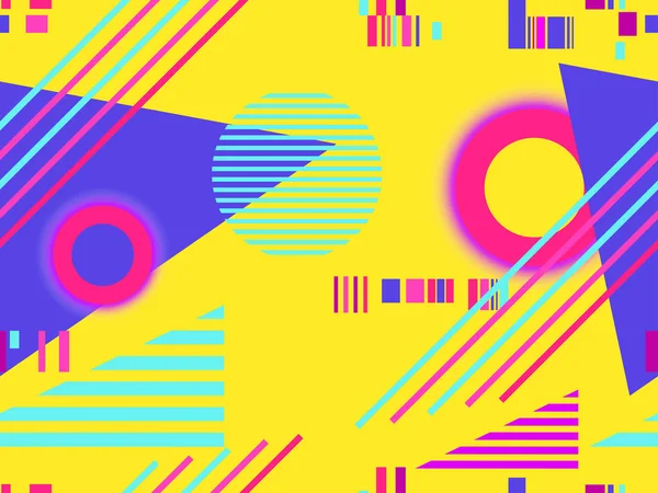 Geometrische naadloze patroon met memphis elementen en neon gloed 80s stijl. Cyberpunk futurisme achtergrond. Vectorillustratie — Stockvector