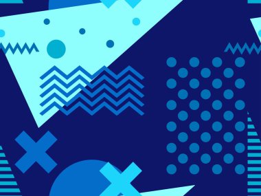 80 'lerin memphis tarzında geometrik kusursuz desen. Turkuaz rengin tonları. Broşürler, promosyon malzemeleri ve duvar kağıtları için arka plan. Vektör illüstrasyonu