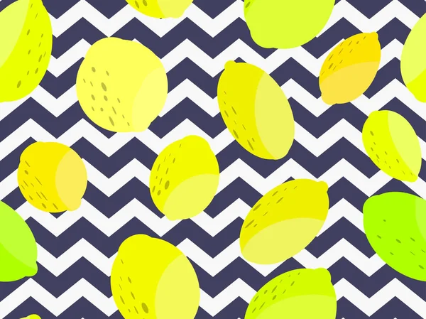 レモンのシームレスなパターン。黄色と緑のレモンとライムの縞模様の背景に。パンフレット、販促資料、壁紙の背景。ベクターイラスト — ストックベクタ