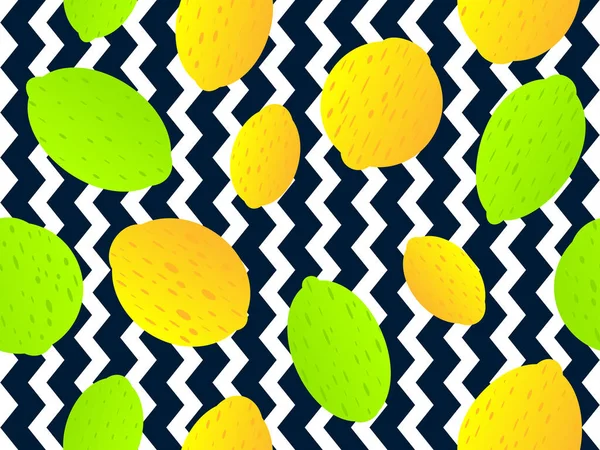 Motivo senza cuciture limone. Limoni gialli e verdi e lime su fondo rigato. Sfondo per brochure, materiale promozionale e carta da parati. Illustrazione vettoriale — Vettoriale Stock