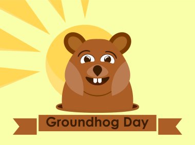 Köstebek Günü. Baharın geleceğini tahmin ediyor. Güneşin arka planında bir dağ sıçanı. Bayram bayrağı. Vektör illüstrasyonu