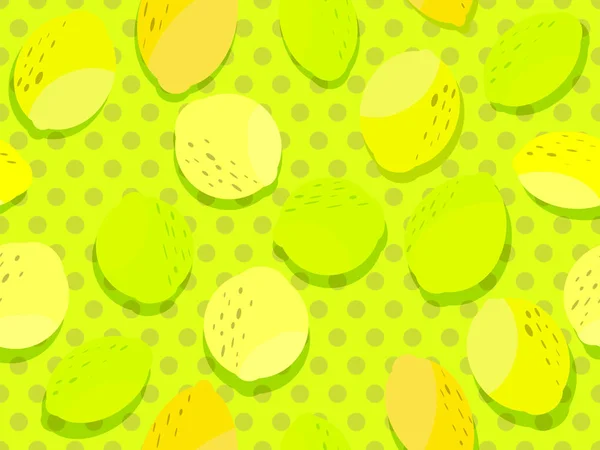 レモンのシームレスなパターン。黄色と緑のレモンとライム。パンフレット、販促資料、壁紙の背景。ベクターイラスト — ストックベクタ