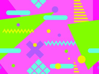 Memphis kusursuz desen. 80 'lerin tarzında kaotik geometrik şekiller. Promosyon ürünleri, ambalaj kağıdı ve baskı için. Vektör illüstrasyonu