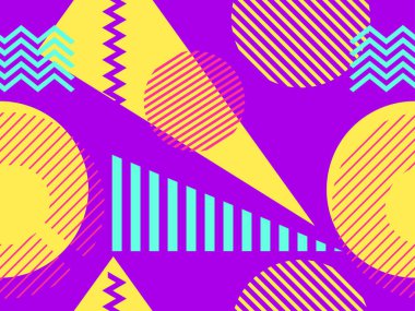 Memphis kusursuz desen. 80 'lerin tarzında kaotik geometrik şekiller. Promosyon ürünleri, ambalaj kağıdı ve baskı için. Vektör illüstrasyonu