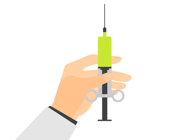 Mão segura uma seringa com uma vacina sobre fundo branco. Coronavirus 2019-nCoV (em inglês). Ilustração vetorial — Vetor de Stock