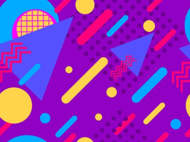 80 'lerin tarzında geometrik şekilli kusursuz desenler. Memphis tasarım elemanı. Vektör illüstrasyonu