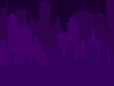 Gece şehrinin silueti, şehir manzarası. Gökdelenleri olan modern bir şehir. Vektör illüstrasyonu