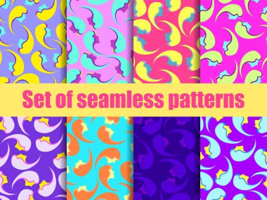 Kadın yüzlü, pürüzsüz desenler. Zine kültürü renkli bir altyapı. Pop sanatının renk paleti. Vektör illüstrasyonu