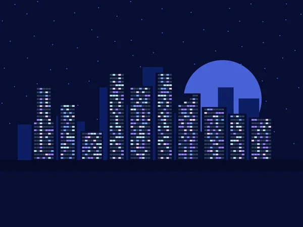 星空と月と夜の街並み 夕暮れ時の街の景色 窓の光 ベクターイラスト — ストックベクタ