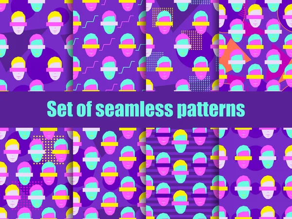 Male Faces Set Seamless Patterns Elements Pop Art Style Zine — Stock Vector