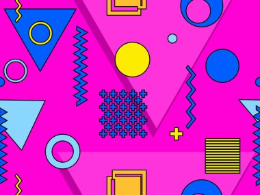 80 'li ve 90' lı yıllarda geometrik şekiller ve memphis elementleriyle kusursuz bir model. Promosyon ürünleri, ambalaj kâğıdı ve baskı için renkli arka plan. Vektör illüstrasyonu