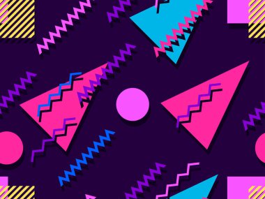 80 'li ve 90' lı yıllarda geometrik şekiller ve memphis elementleriyle kusursuz bir model. Promosyon ürünleri, ambalaj kâğıdı ve baskı için renkli arka plan. Vektör illüstrasyonu