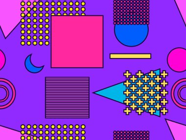 80 'li ve 90' lı yıllarda geometrik şekiller ve memphis elementleriyle kusursuz bir model. Promosyon ürünleri, ambalaj kâğıdı ve baskı için renkli arka plan. Vektör illüstrasyonu