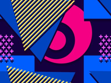 80 'li ve 90' lı yıllarda geometrik şekiller ve memphis elementleriyle kusursuz bir model. Promosyon ürünleri, ambalaj kâğıdı ve baskı için renkli arka plan. Vektör illüstrasyonu