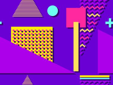 80 'li ve 90' lı yıllarda geometrik şekiller ve memphis elementleriyle kusursuz bir model. Promosyon ürünleri, ambalaj kâğıdı ve baskı için renkli arka plan. Vektör illüstrasyonu