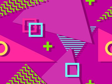 80 'li ve 90' lı yıllarda geometrik şekiller ve memphis elementleriyle kusursuz bir model. Promosyon ürünleri, ambalaj kâğıdı ve baskı için renkli arka plan. Vektör illüstrasyonu