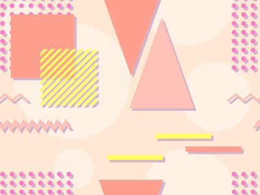 80 'li ve 90' lı yıllarda geometrik şekiller ve memphis elementleriyle kusursuz bir model. Promosyon ürünleri, ambalaj kâğıdı ve baskı için renkli arka plan. Vektör illüstrasyonu
