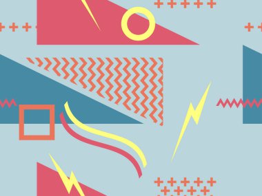 80 'li ve 90' lı yıllarda geometrik şekiller ve memphis elementleriyle kusursuz bir model. Promosyon ürünleri, ambalaj kâğıdı ve baskı için renkli arka plan. Vektör illüstrasyonu