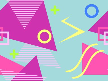 80 'li ve 90' lı yıllarda geometrik şekiller ve memphis elementleriyle kusursuz bir model. Promosyon ürünleri, ambalaj kâğıdı ve baskı için renkli arka plan. Vektör illüstrasyonu