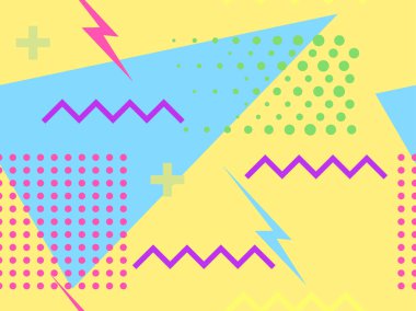 80 'li ve 90' lı yıllarda geometrik şekiller ve memphis elementleriyle kusursuz bir model. Promosyon ürünleri, ambalaj kâğıdı ve baskı için renkli arka plan. Vektör illüstrasyonu