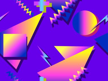 Renkli geometrik şekilli 80 'ler ve 90' ların tarzında kusursuz desen. Memphis tarzı. Moda tasarım şablonu canlı renkler içeriyor. Vektör illüstrasyonu