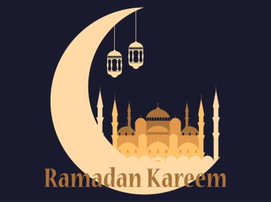 Ramazan Kareem. Cami ve hilal, Arap lambası. Geleneksel Arap feneri. Ramazan ayı. Vektör illüstrasyonu