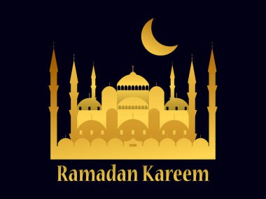 Ramazan Kareem. Siyah arka planda altın rengi cami ve hilal. Ramazan ayı. Vektör illüstrasyonu