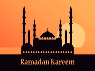Ramazan Kareem. Gün batımında bir caminin silueti. Ramazan ayı. Vektör illüstrasyonu