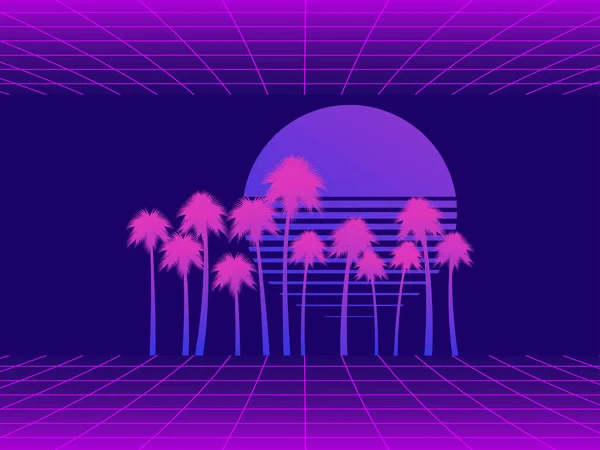 Paisaje Realidad Virtual Con Palmeras Atardecer Futurismo Retro Estilo Los — Vector de stock