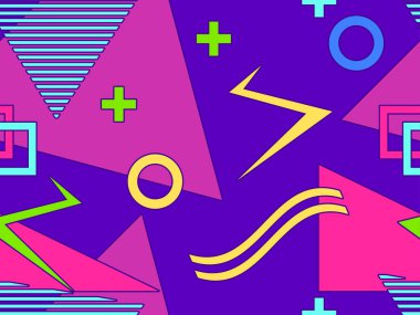 80 'lerin geometrik şekilleri Memphis tarzını kusursuz şekillendirir. 80 'ler promosyon ürünleri, ambalaj kağıdı ve baskı için renkli bir arkaplan basıyor. Vektör illüstrasyonu