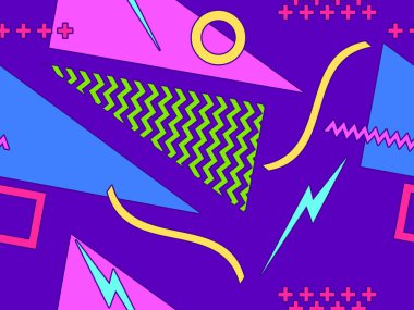 80 'lerin geometrik şekilleri Memphis tarzını kusursuz şekillendirir. 80 'ler promosyon ürünleri, ambalaj kağıdı ve baskı için renkli bir arkaplan basıyor. Vektör illüstrasyonu