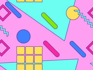 80 'lerin geometrik şekilleri Memphis tarzını kusursuz şekillendirir. 80 'ler promosyon ürünleri, ambalaj kağıdı ve baskı için renkli bir arkaplan basıyor. Vektör illüstrasyonu