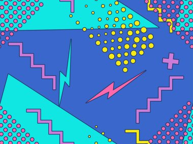80 'lerin geometrik şekilleri Memphis tarzını kusursuz şekillendirir. 80 'ler promosyon ürünleri, ambalaj kağıdı ve baskı için renkli bir arkaplan basıyor. Vektör illüstrasyonu