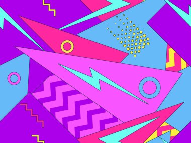 80 'lerin tarzında geometrik şekilli kusursuz Memphis deseni. 80 'ler promosyon ürünleri, ambalaj kağıdı ve baskı için renkli bir arkaplan basıyor. Vektör illüstrasyonu