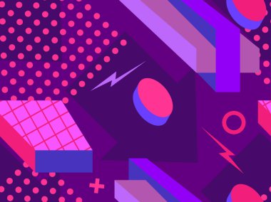 80 'lerin tarzında geometrik şekilli kusursuz Memphis deseni. 80 'ler promosyon ürünleri, ambalaj kağıdı ve baskı için renkli bir arkaplan basıyor. Vektör illüstrasyonu