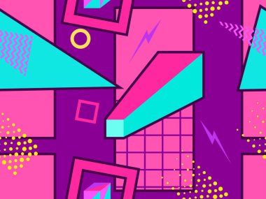 80 'lerin tarzında geometrik şekilli kusursuz Memphis deseni. 80 'ler promosyon ürünleri, ambalaj kağıdı ve baskı için renkli bir arkaplan basıyor. Vektör illüstrasyonu