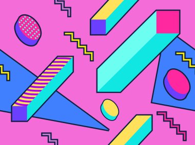 80 'lerin tarzında geometrik şekilli kusursuz Memphis deseni. 80 'ler promosyon ürünleri, ambalaj kağıdı ve baskı için renkli bir arkaplan basıyor. Vektör illüstrasyonu