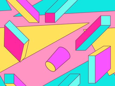 80 'lerin tarzında geometrik şekilli kusursuz Memphis deseni. 80 'ler promosyon ürünleri, ambalaj kağıdı ve baskı için renkli bir arkaplan basıyor. Vektör illüstrasyonu