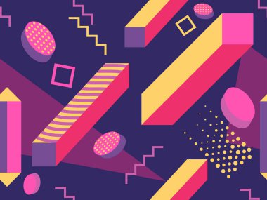 80 'lerin tarzında geometrik şekilli kusursuz Memphis deseni. 80 'ler promosyon ürünleri, ambalaj kağıdı ve baskı için renkli bir arkaplan basıyor. Vektör illüstrasyonu