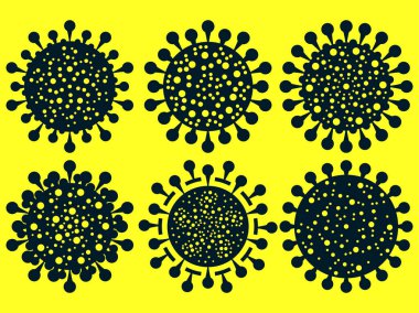 Coronavirus hastalığı COVID-19 simgeleri ayarlandı. Virüs hücresi sarı arka planda izole edildi. 2019-NCoV, Orta Doğu solunum sendromu. Çin virüsü. Vektör illüstrasyonu