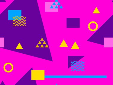 80 'li ve 90' lı yıllarda geometrik şekiller ve memphis elementleriyle kusursuz bir model. Promosyon ürünleri, ambalaj kâğıdı ve baskı için renkli arka plan. Vektör illüstrasyonu