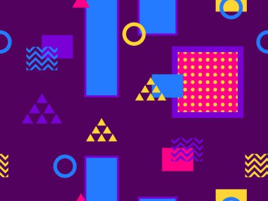 80 'li ve 90' lı yıllarda geometrik şekiller ve memphis elementleriyle kusursuz bir model. Promosyon ürünleri, ambalaj kâğıdı ve baskı için renkli arka plan. Vektör illüstrasyonu