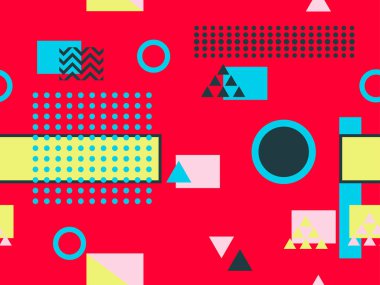 80 'li ve 90' lı yıllarda geometrik şekiller ve memphis elementleriyle kusursuz bir model. Promosyon ürünleri, ambalaj kâğıdı ve baskı için renkli arka plan. Vektör illüstrasyonu