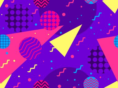 80 'lerin tarzında geometrik şekilli kusursuz Memphis deseni. 80 'ler promosyon ürünleri, ambalaj kağıdı ve baskı için renkli bir arkaplan basıyor. Vektör illüstrasyonu