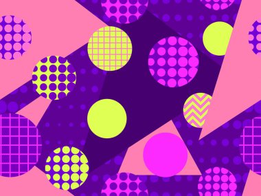 80 'lerin tarzında geometrik şekilli kusursuz Memphis deseni. 80 'ler promosyon ürünleri, ambalaj kağıdı ve baskı için renkli bir arkaplan basıyor. Vektör illüstrasyonu