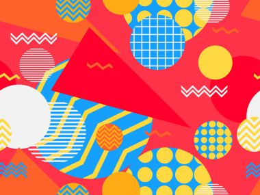 80 'lerin tarzında geometrik şekilli kusursuz Memphis deseni. 80 'ler promosyon ürünleri, ambalaj kağıdı ve baskı için renkli bir arkaplan basıyor. Vektör illüstrasyonu