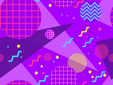 80 'lerin tarzında geometrik şekilli kusursuz Memphis deseni. 80 'ler promosyon ürünleri, ambalaj kağıdı ve baskı için renkli bir arkaplan basıyor. Vektör illüstrasyonu