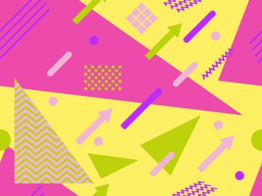 80 'lerin tarzında geometrik şekilli kusursuz Memphis deseni. 80 'ler promosyon ürünleri, ambalaj kağıdı ve baskı için renkli bir arkaplan basıyor. Vektör illüstrasyonu